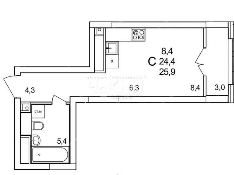 квартира-студия примерно в 0,3 км на северо-восток от д.Анкудиновка, д.3 в ЖК КМ Анкудиновский парк деревня Анкудиновка