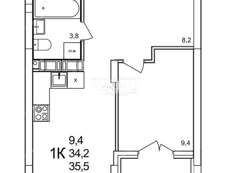 однокомнатная квартира в новостройке примерно в 0,3 км на северо-восток от д.Анкудиновка, д.3 в ЖК КМ Анкудиновский парк, 47 деревня Анкудиновка