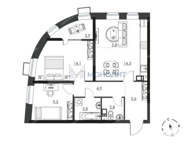 трёхкомнатная квартира на Витебской улице