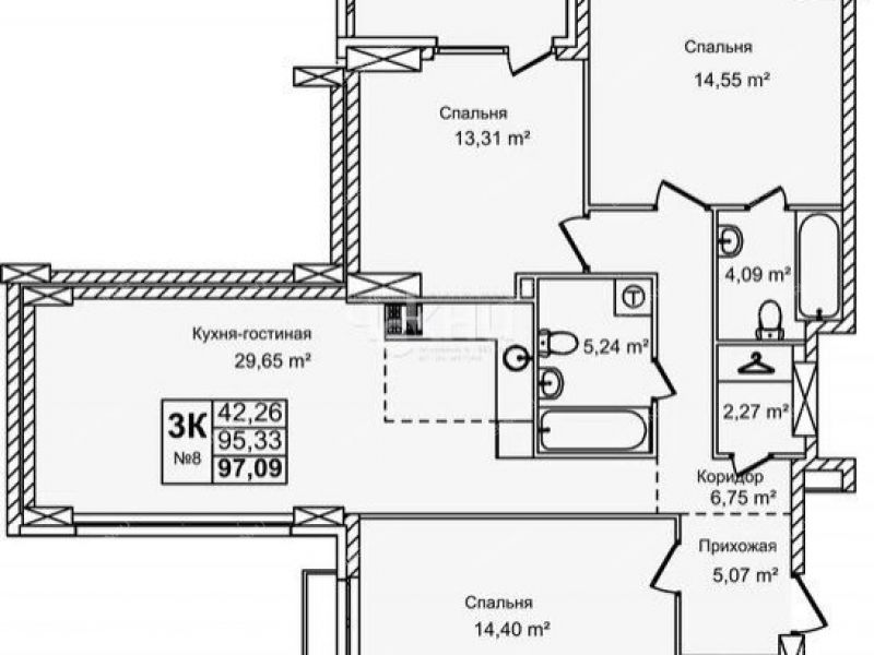 трёхкомнатная квартира на улице Красных Зорь