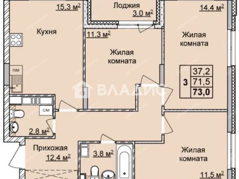 трёхкомнатная квартира у дер. Кузнечиха, 9