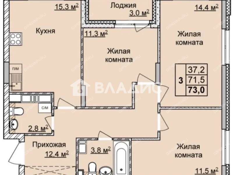 трёхкомнатная квартира в новостройке на  у дер. Кузнечиха, 9
