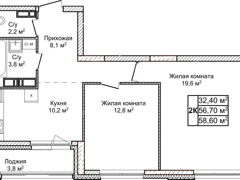 двухкомнатная квартира в ЖК Новое Ольгино, дом 1